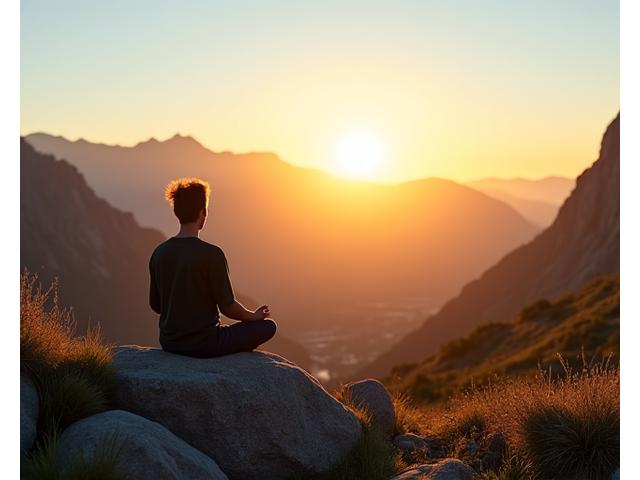 Boulder mountains at sunrise with a person meditating, symbolizing wellness and local roots.