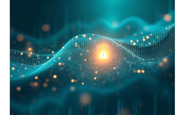 Abstract illustration of secure data transfer and personalized digital health interface, emphasizing privacy and innovation.