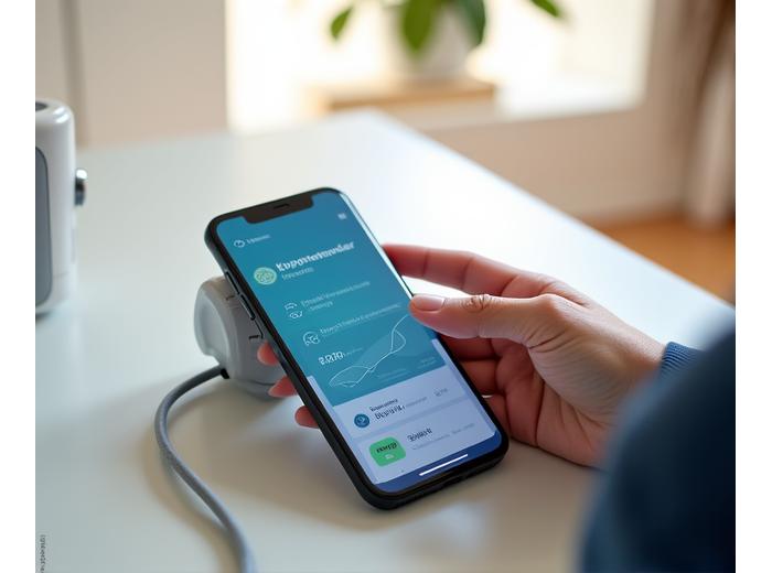 A user's hand interacting with a smartphone displaying a blood pressure monitoring app, showing trend graphs and medication reminders, next to a modern blood pressure cuff.
