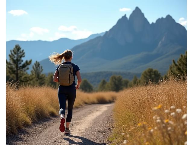 Person trail running with a clear view of the Boulder Flatirons, embodying local activity