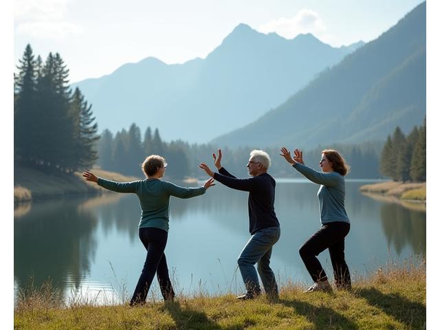 Diverse group of adults over 50 engaging in a serene tai chi session by a mountain lake