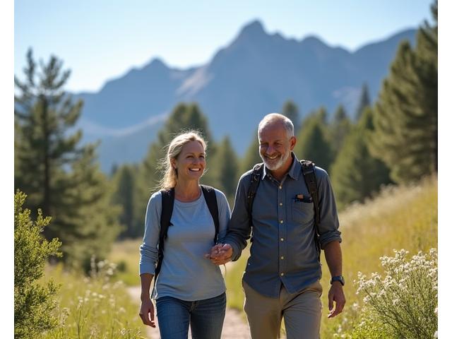 Man and woman in their 40s hiking a scenic trail with Flatirons in background, looking joyful and fit