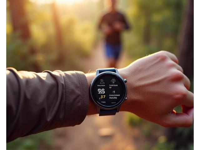A close-up of a modern smartwatch displaying health metrics against a blurred background of a person hiking in Boulder.