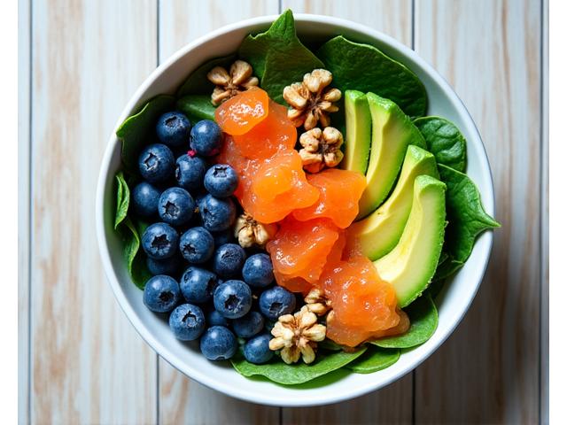 Vibrant bowl of berries, walnuts, and leafy greens, symbolizing brain-boosting nutrition.