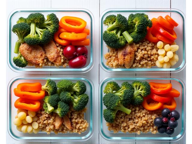 Delicious and healthy meal prep containers arranged neatly, featuring lean protein, colorful vegetables, and whole grains.
