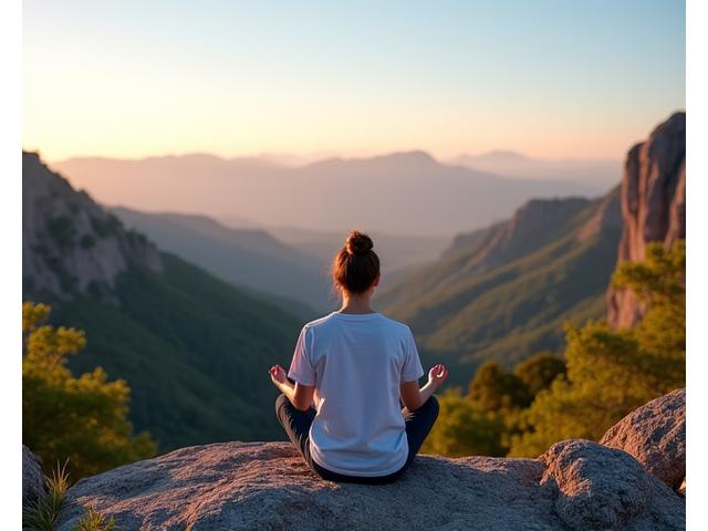 Person meditating in a serene Boulder mountain landscape at golden hour, symbolizing stress reduction for brain health.