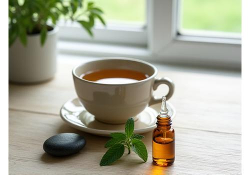 A collection of natural wellness elements like herbal teas, essential oils, and a meditation stone, softly lit.